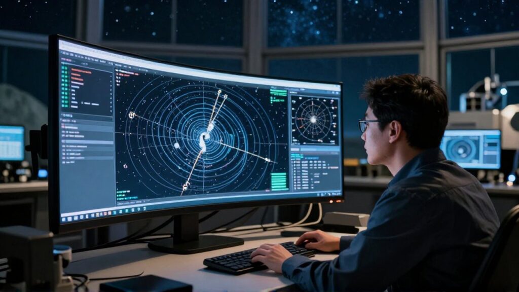 Astrofísico analizando trayectorias orbitales en un monitor curvo dentro de un observatorio astronómico.