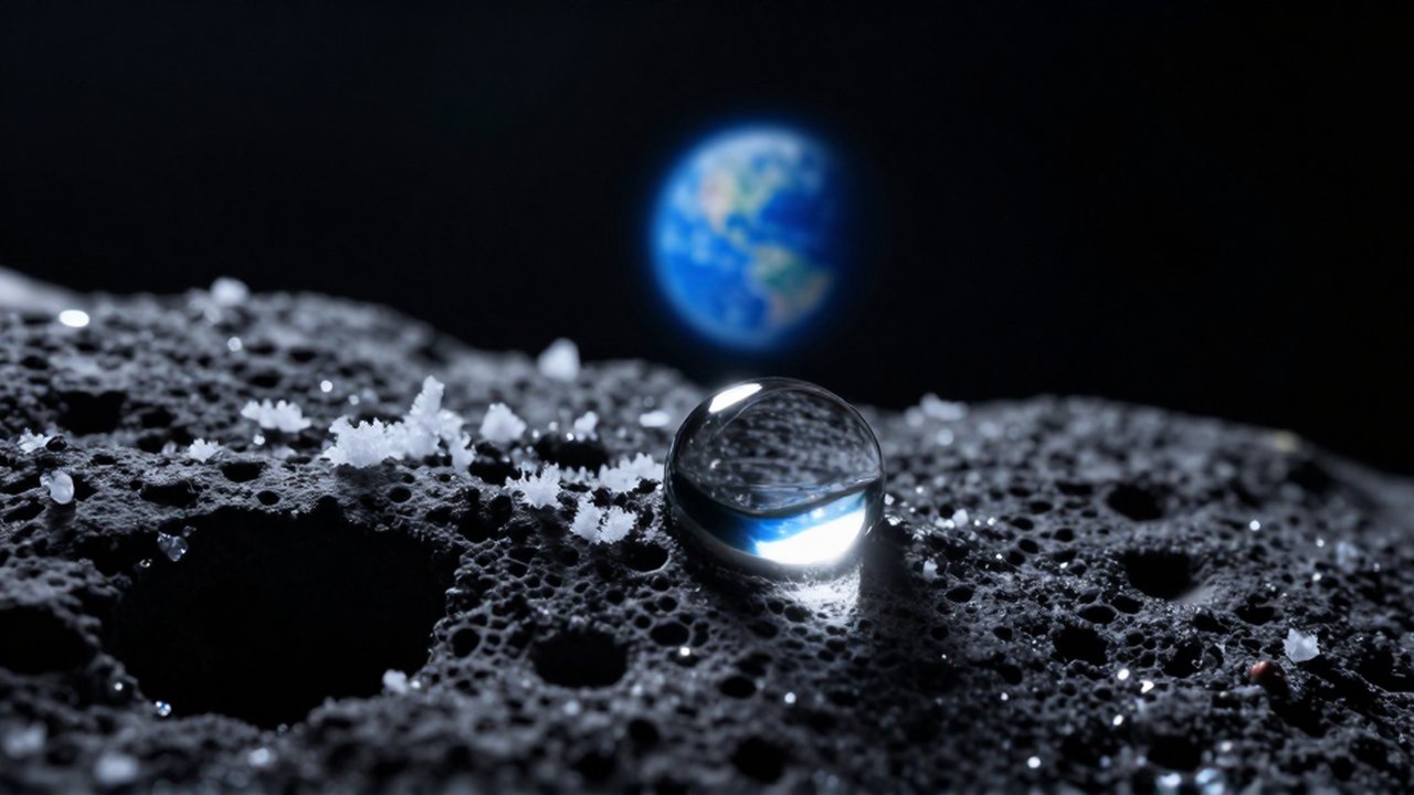Gota de agua cristalina sobre una roca espacial que refracta la imagen de la Tierra azul.
