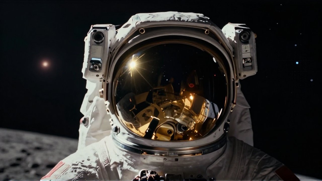 Primer plano de un casco de astronauta con visor dorado que refleja una estrella frente al espacio profundo.