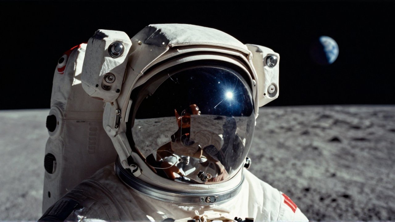 Primer plano de un casco de astronauta con un pequeño rasguño, reflejando el paisaje lunar y la Tierra distante.