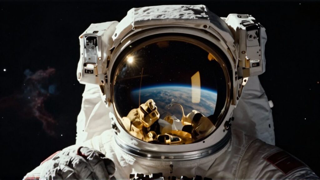 Primer plano del casco de un astronauta con el reflejo de un planeta y estrellas en su visor dorado.