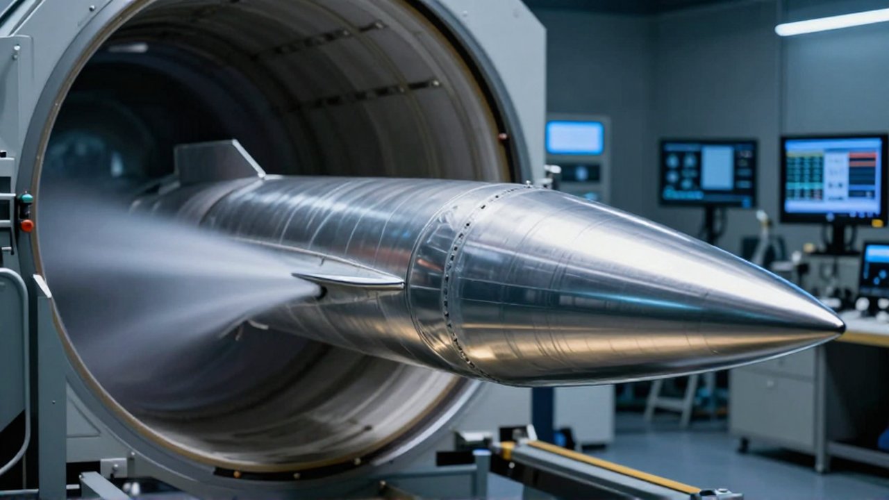 Primer plano de la punta de un cohete metálico siendo sometido a pruebas de flujo de aire en un túnel de viento.