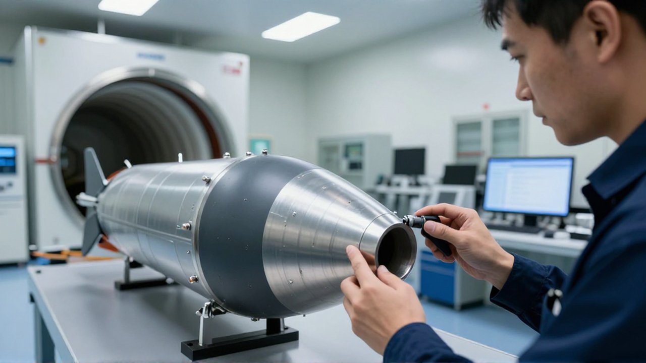 Ingeniero aeroespacial inspecciona la superficie metálica de un cono de nariz con una herramienta digital en un laboratorio de alta tecnología.