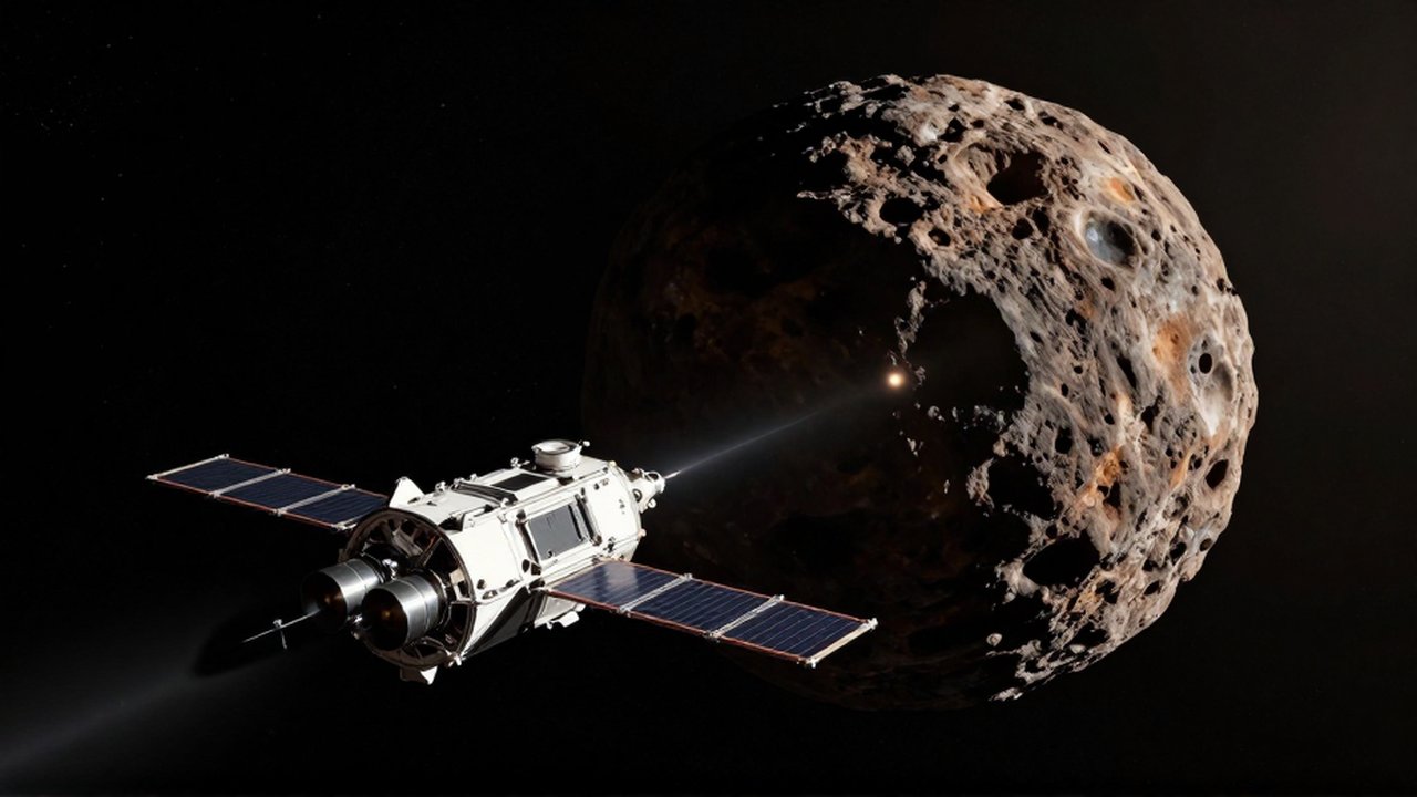 Una nave espacial con paneles solares se aproxima a un enorme asteroide rocoso en el espacio profundo.