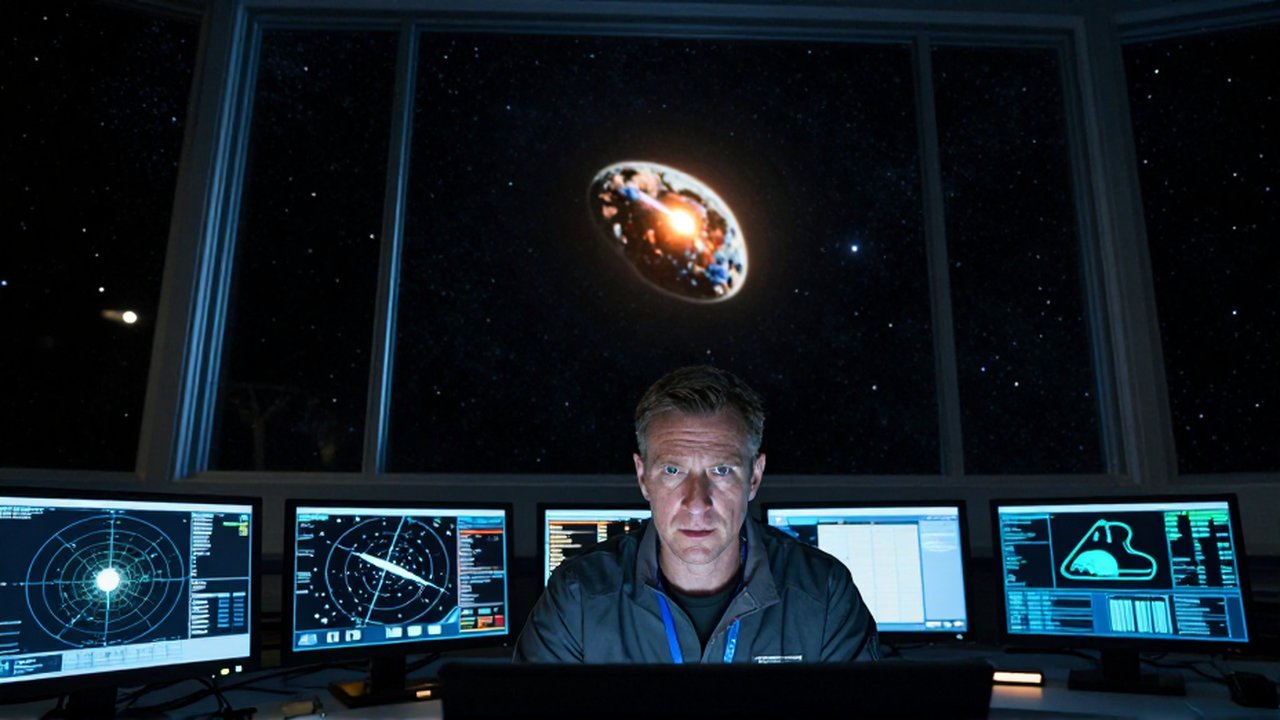 Ingeniero aeroespacial observa con tensión la trayectoria de un asteroide mediante una proyección holográfica en un centro de mando.