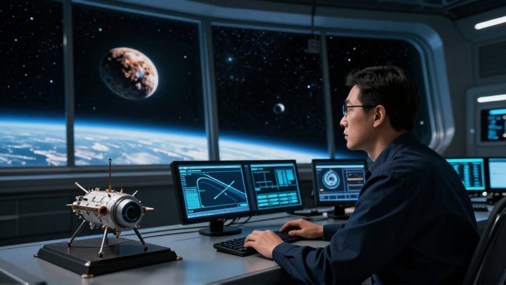 Ingeniero analizando trayectorias holográficas de un asteroide en un centro de control con vista al espacio.