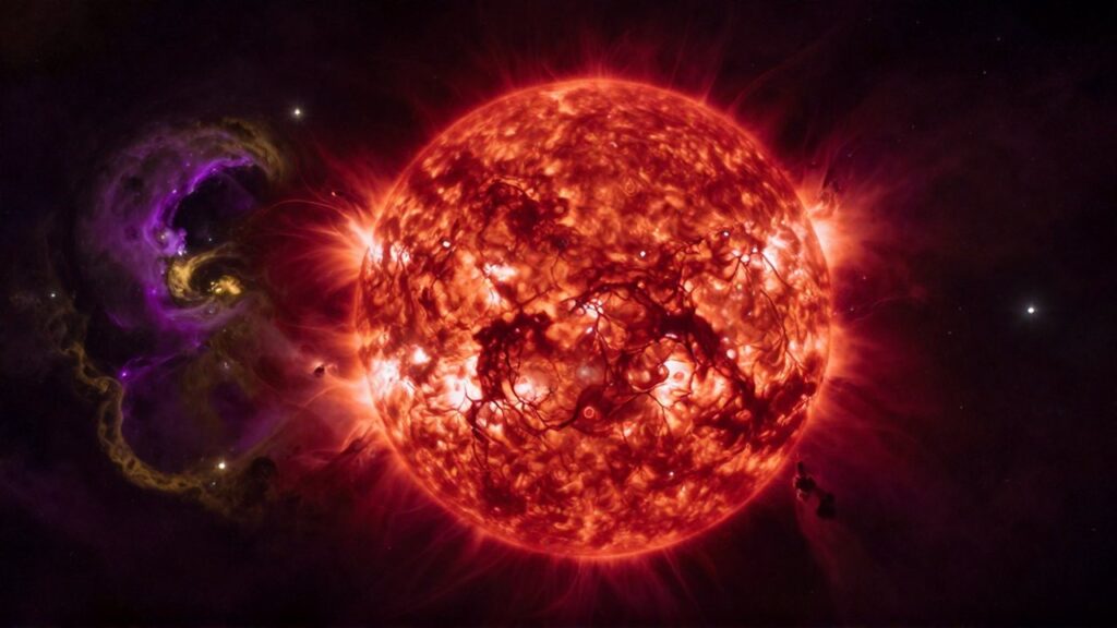 Una colosal estrella supergigante roja brilla intensamente frente a una nebulosa violeta y dorada.