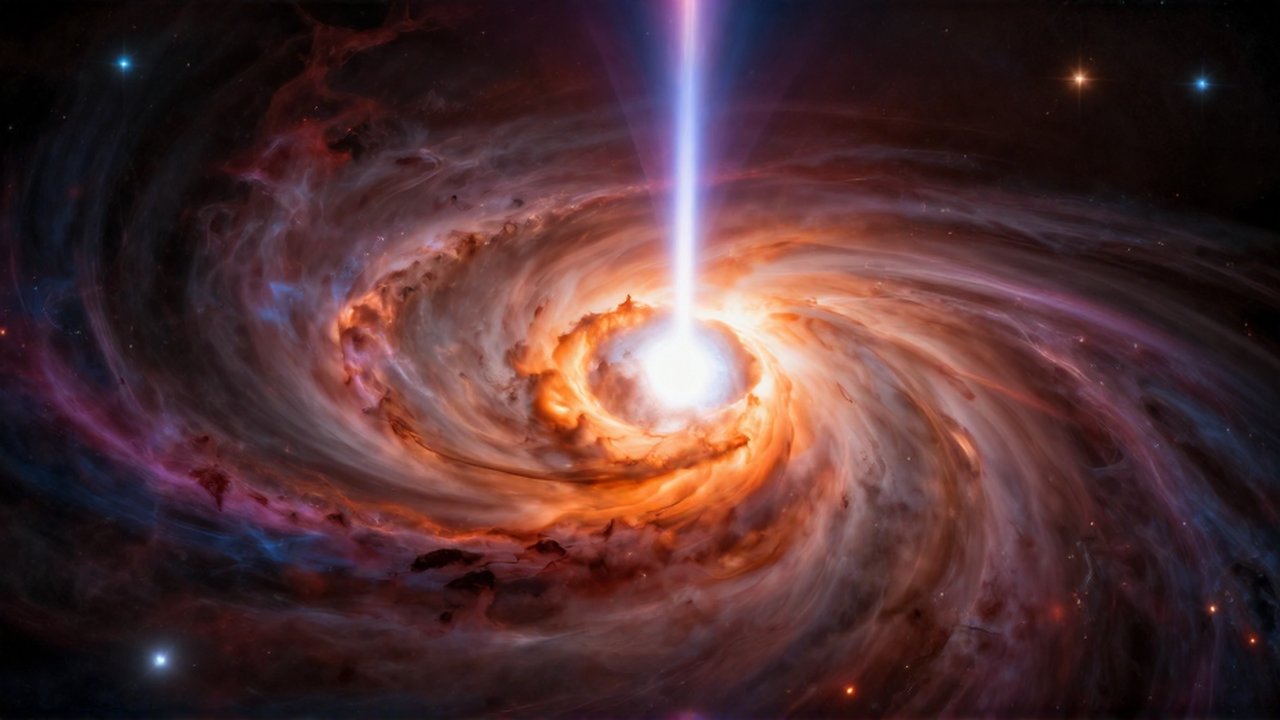 Protostar brillante rodeada de un disco de gas giratorio y dos potentes chorros de plasma verticales.