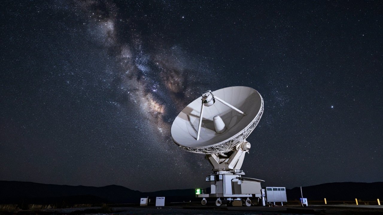 Gran antena de radar parabólica rotando en una montaña bajo un cielo estrellado con la Vía Láctea.