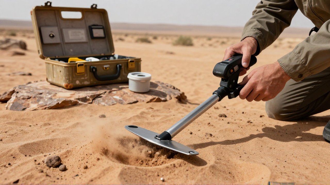 Un investigador utiliza un detector de metales para buscar meteoritos en un desierto árido.