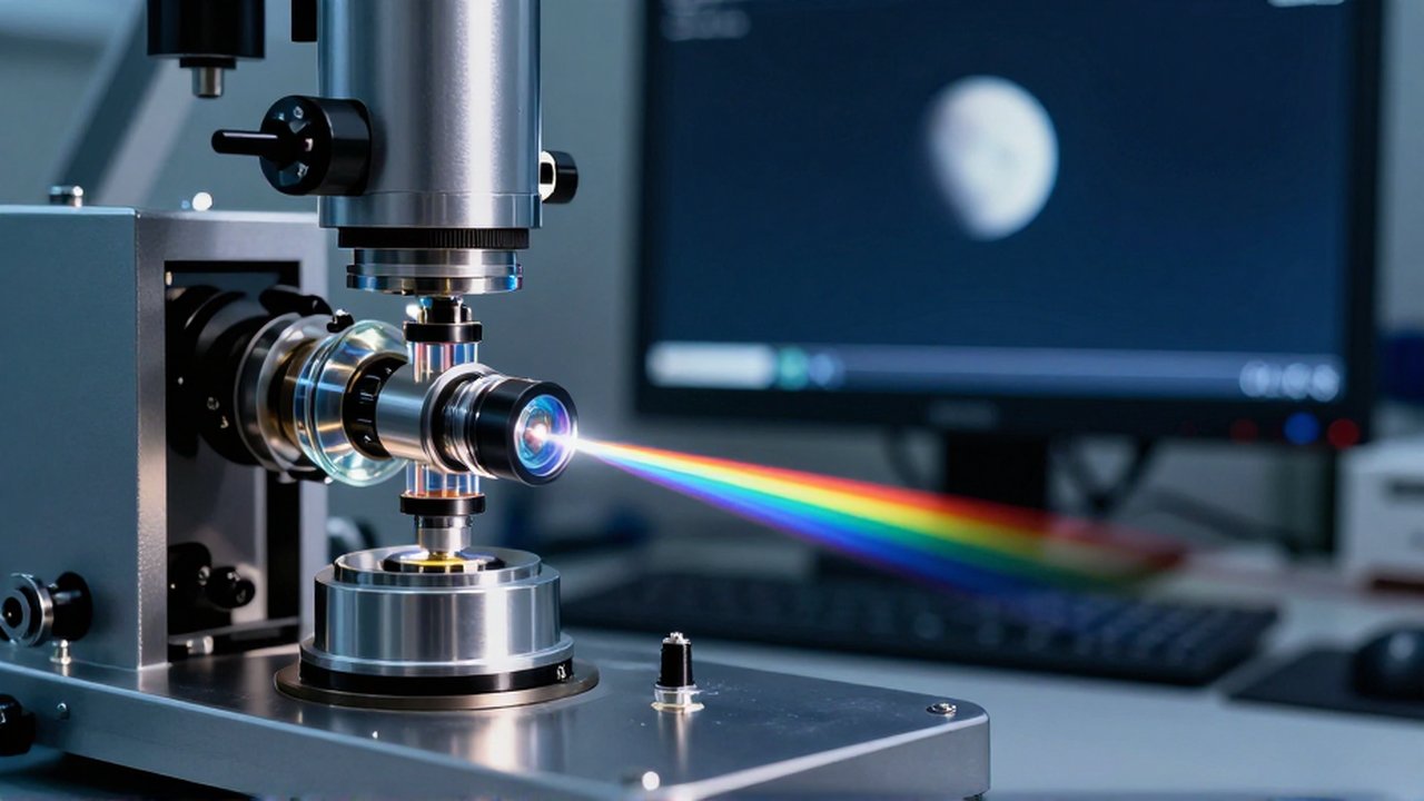 Primer plano de un espectrógrafo científico que descompone la luz en un arcoíris sobre un banco de laboratorio.