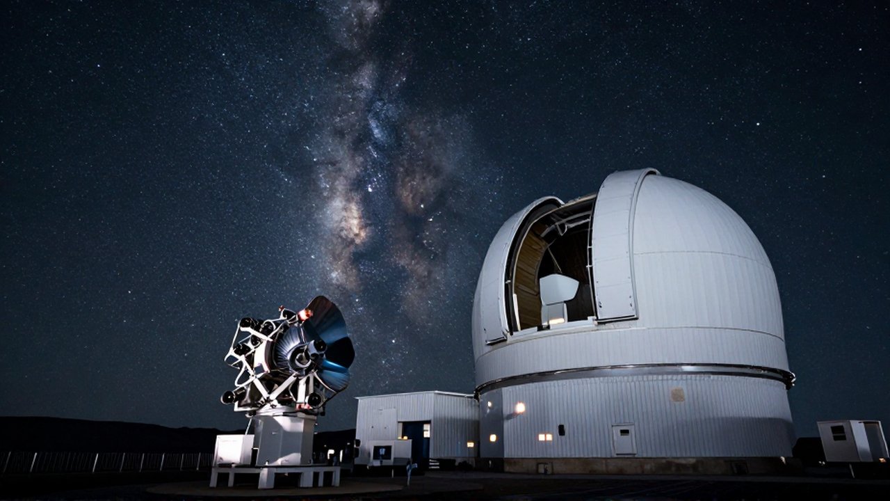 Observatorio astronómico de alta tecnología con un telescopio bajo un cielo estrellado lleno de la Vía Láctea.