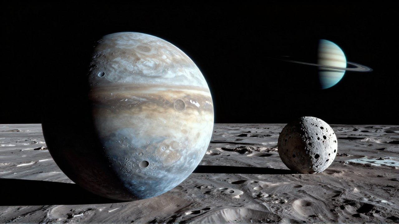 Las lunas Ariel y Miranda muestran sus texturas heladas frente al lejano planeta Urano.