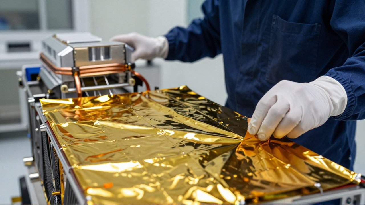 Un técnico con guantes coloca cuidadosamente una manta de aislamiento dorado sobre un satélite en un laboratorio aeroespacial.