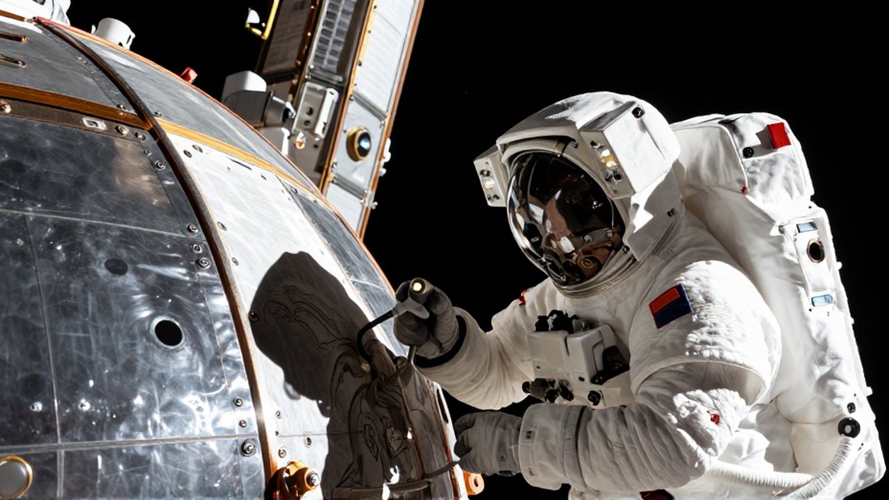 Astronauta con traje presurizado inspeccionando con un sensor ultrasónico la superficie metálica de una estación espacial.