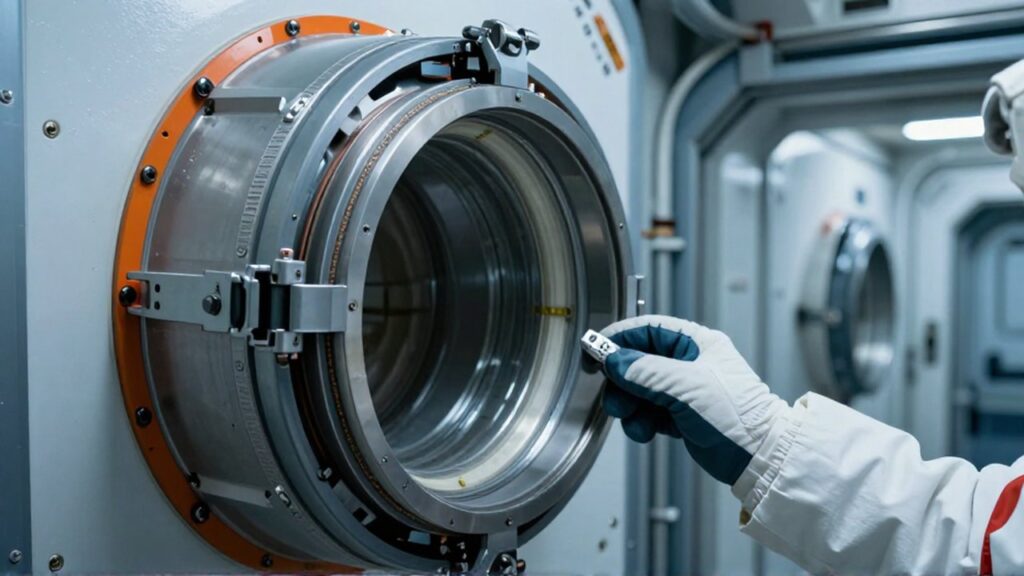 Mano enguantada de un astronauta inspecciona el mecanismo de cierre y el aislamiento de una escotilla metálica.