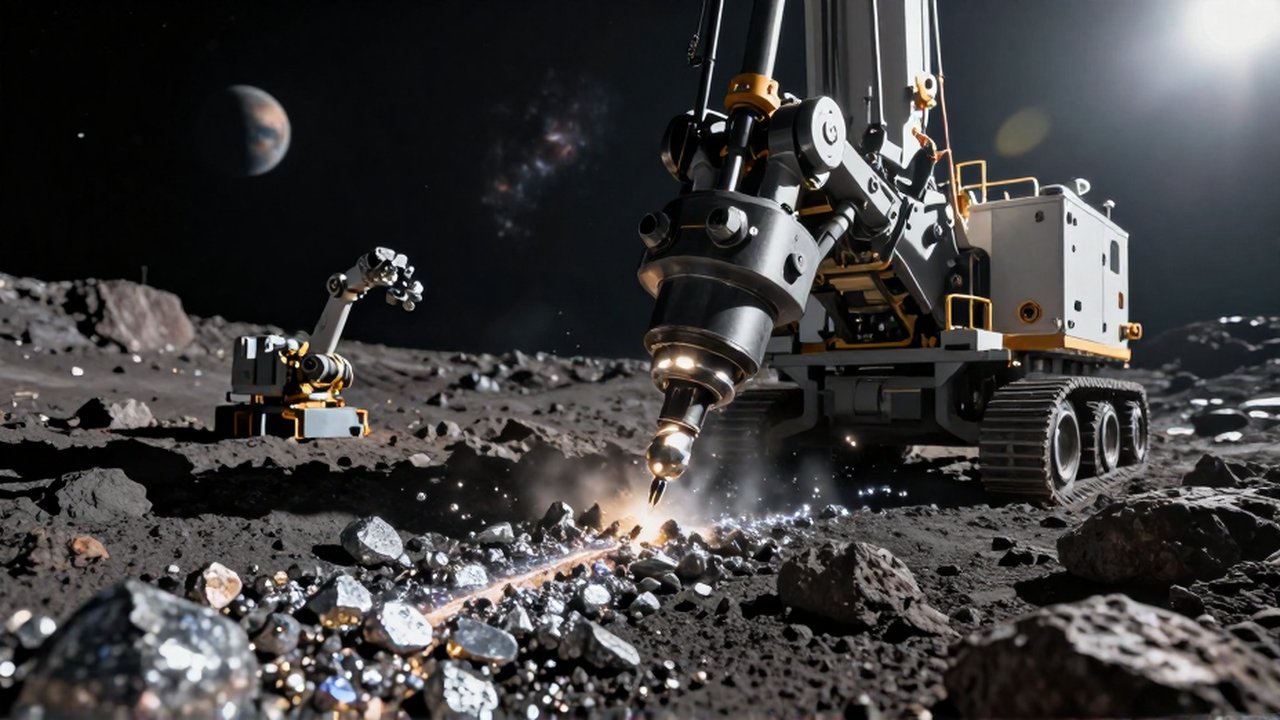 Un taladro autónomo excava vetas de minerales brillantes en la superficie rocosa de un asteroide.