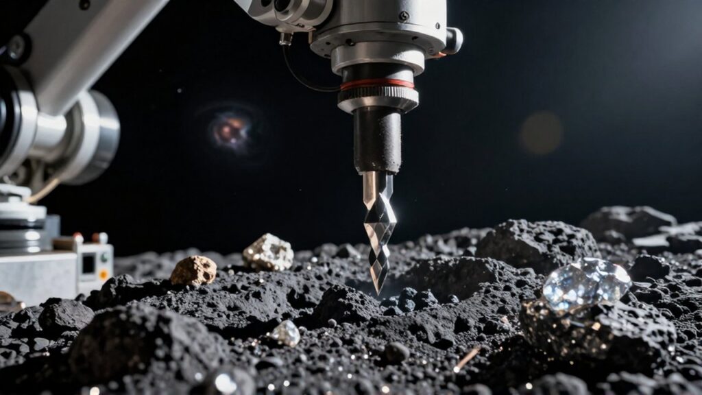 Brazo robótico industrial perforando la superficie de un asteroide para extraer muestras de mineral en el espacio.