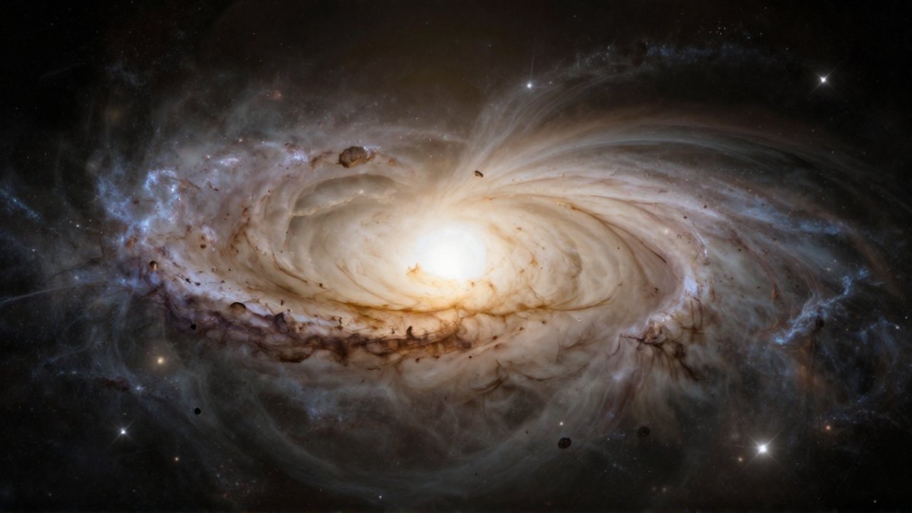 Dos galaxias elípticas colisionan en el espacio profundo, liberando una nube de estrellas doradas y polvo estelar.