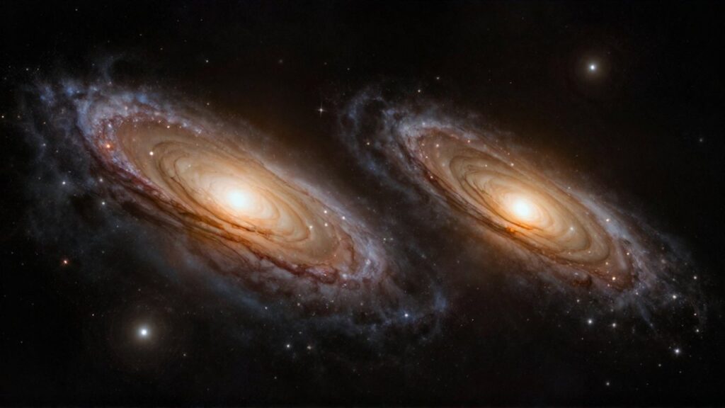 Dos galaxias elípticas de estrellas doradas colisionan en el vacío oscuro