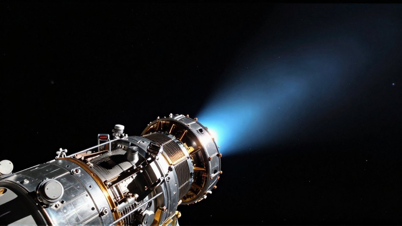 Motor de propulsión iónica de una sonda espacial emitiendo un haz de plasma azul en el vacío interestelar.