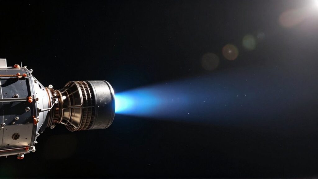 Motor de propulsión iónica de un satélite expulsando un haz de plasma azul en el espacio profundo.