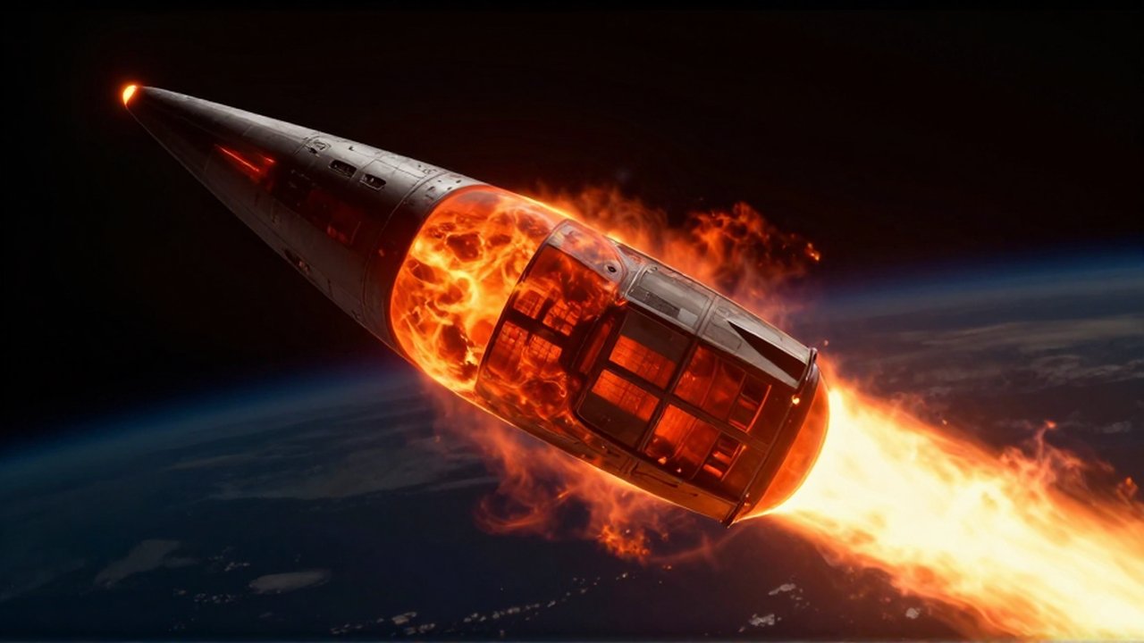 Primer plano del morro de una nave espacial atravesando una capa de plasma incandescente durante la reentrada atmosférica.