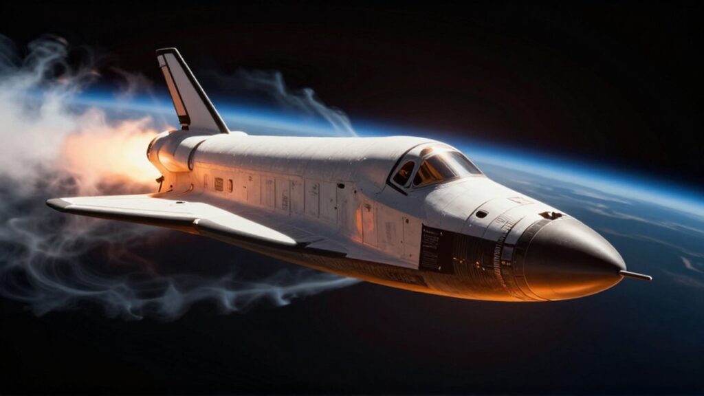 Primer plano detallado de la punta de una nave espacial atravesando la atmósfera con estelas de plasma naranja.