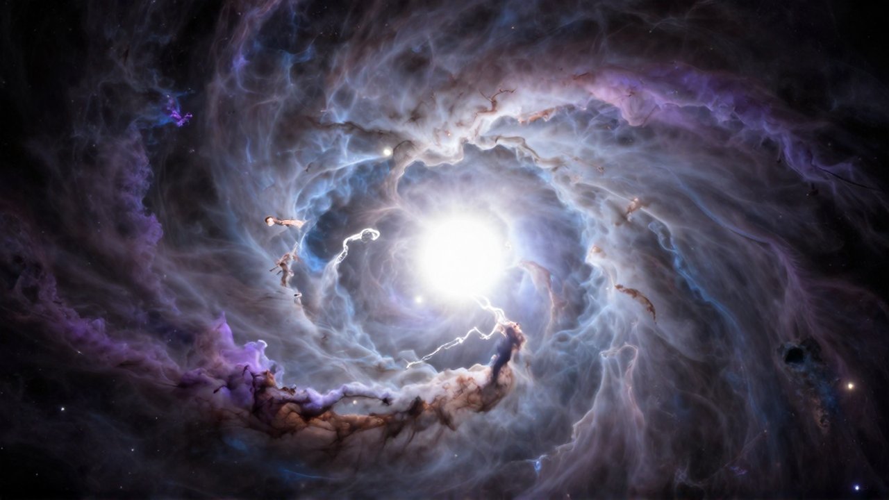 Una enana blanca brillante en el centro de una nebulosa de gas azul y violeta.