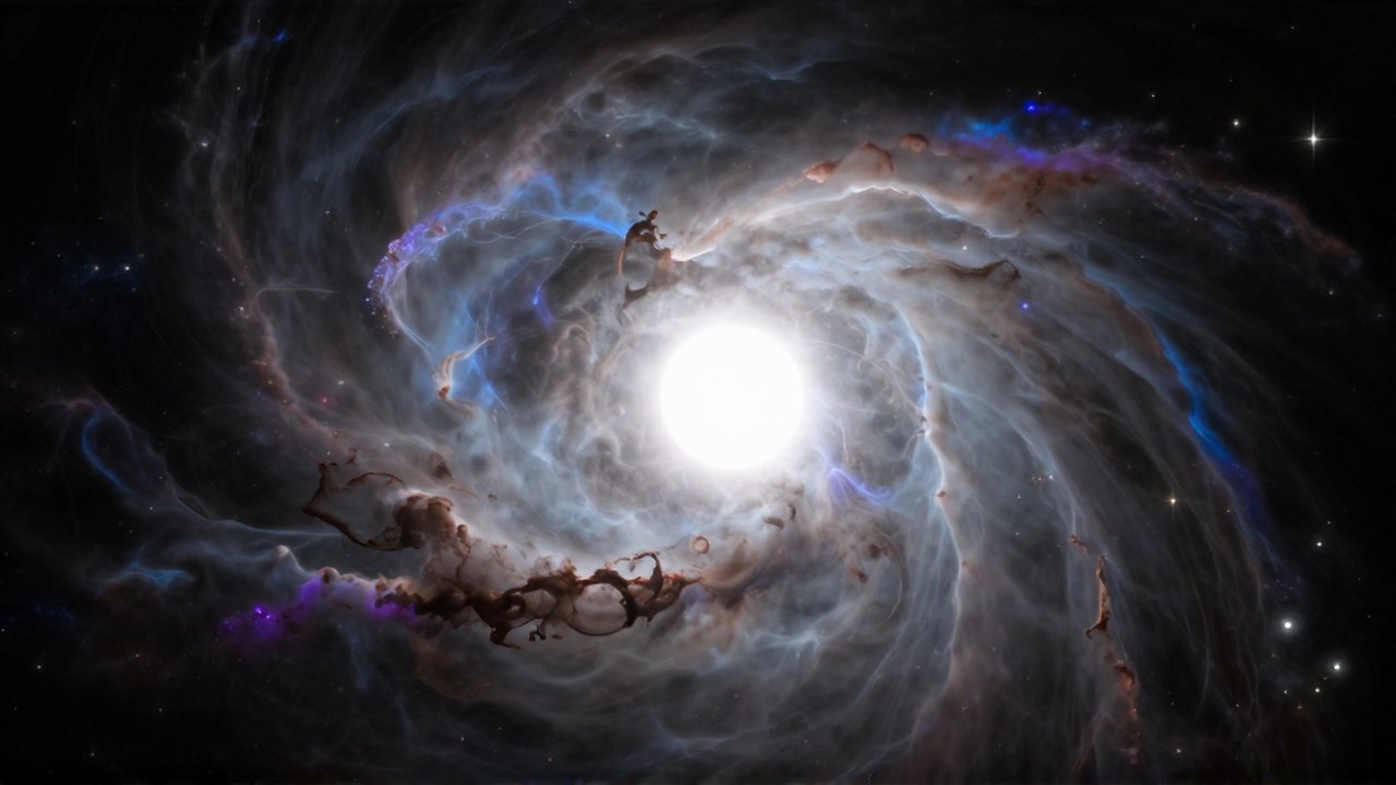 Una enana blanca brillante en el centro de una nebulosa con filamentos azules y violetas.