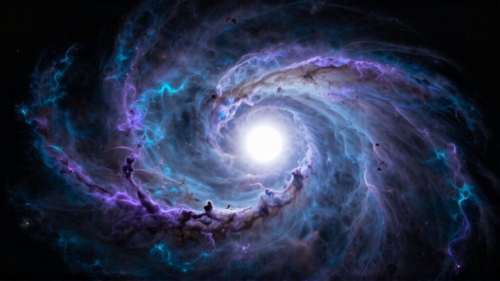 Una brillante estrella enana blanca en el centro de una nebulosa de gas violeta y turquesa.
