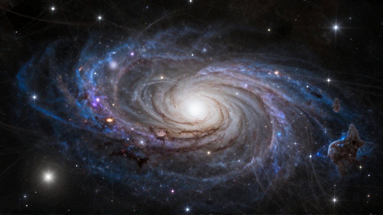 Gran cúmulo de galaxias brillantes interconectadas por filamentos luminosos en la vasta red cósmica.