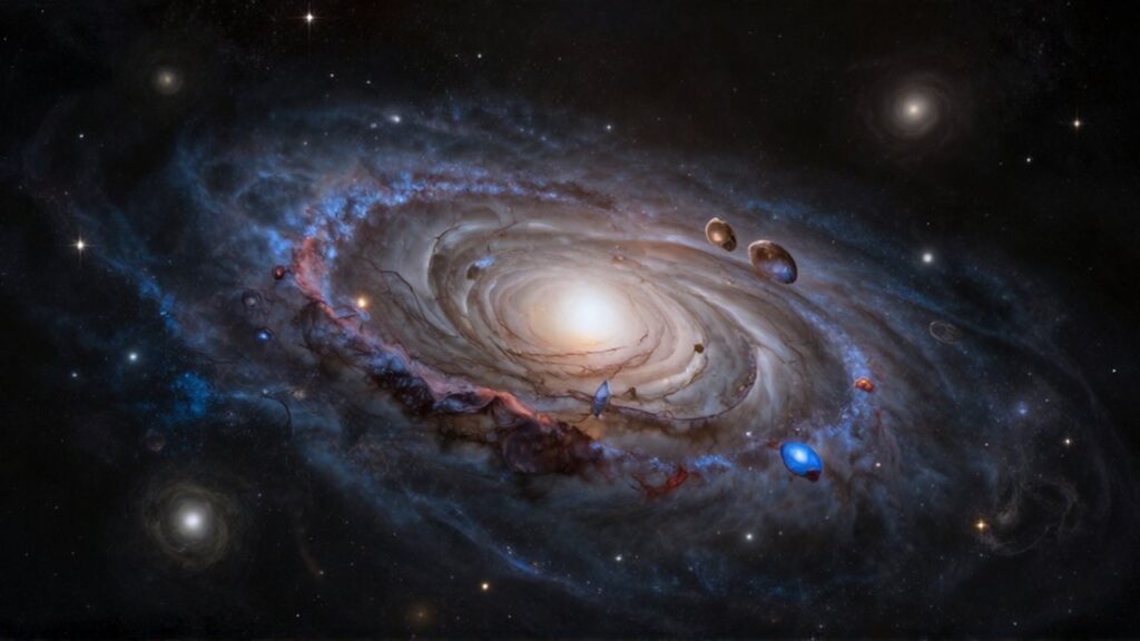 Gran cúmulo de galaxias espirales siendo atraídas hacia una luminosa galaxia central en el cosmos.