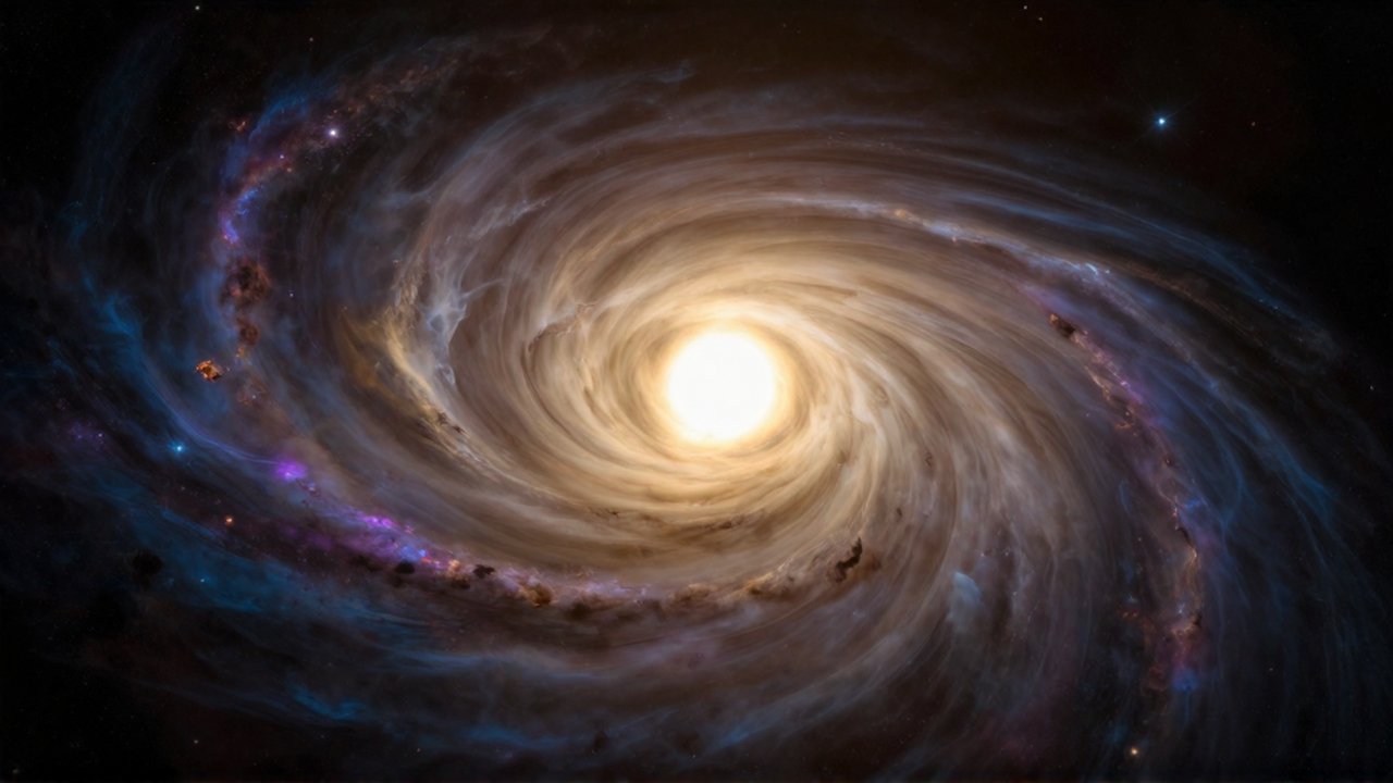 Disco protoplanetario de gas y polvo dorado girando intensamente alrededor de una estrella central brillante.