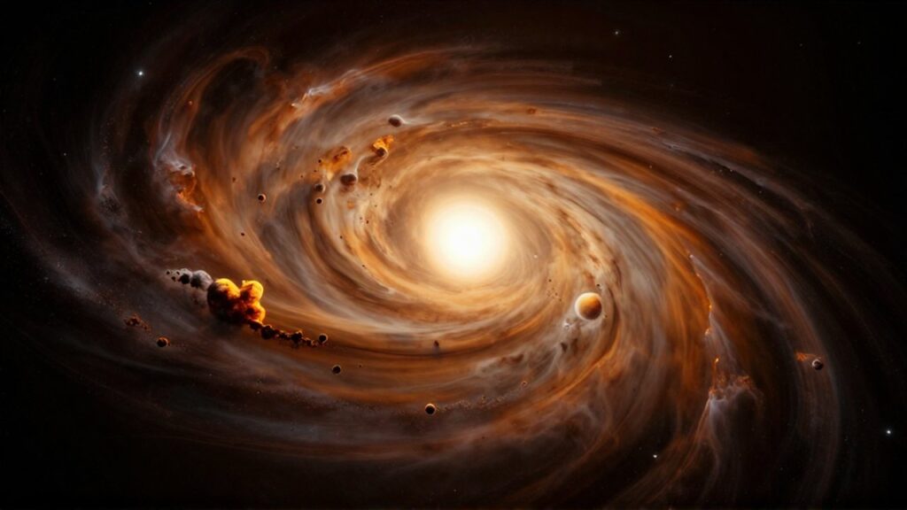 Disco protoplanetario de polvo y gas girando alrededor de una estrella central en formación.