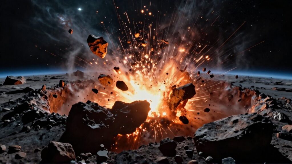 Impacto violento de un asteroide contra un cuerpo celeste rodeado de escombros brillantes y polvo fundido.
