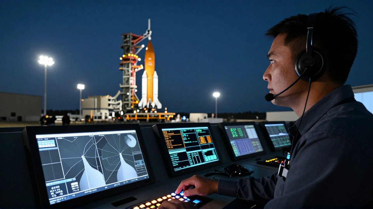 Controlador de vuelo concentrado frente a paneles tecnológicos mientras un cohete espera el despegue al fondo.