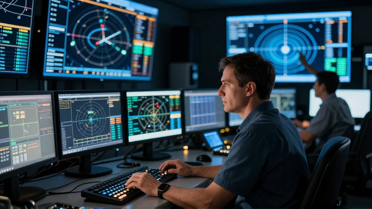Especialista de control de misión monitorea consolas de telemetría en un centro de operaciones aeroespaciales.