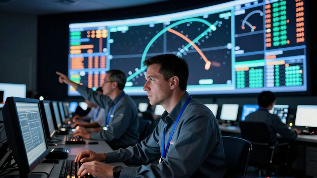 Ingenieros de misión monitorizan con tensión el despegue de un cohete desde un centro de control tecnológico.