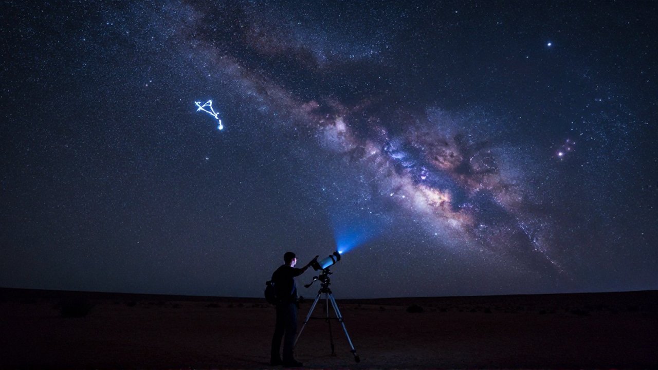 Astrónomo con telescopio señala la constelación de Escorpio bajo un cielo nocturno lleno de estrellas.