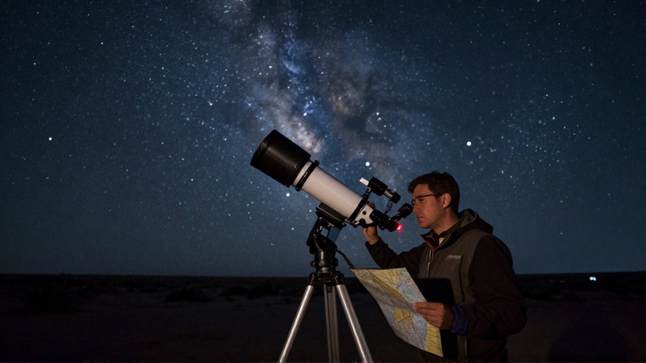 Astrónomo ajustando un telescopio profesional bajo un cielo nocturno despejado en un desierto.