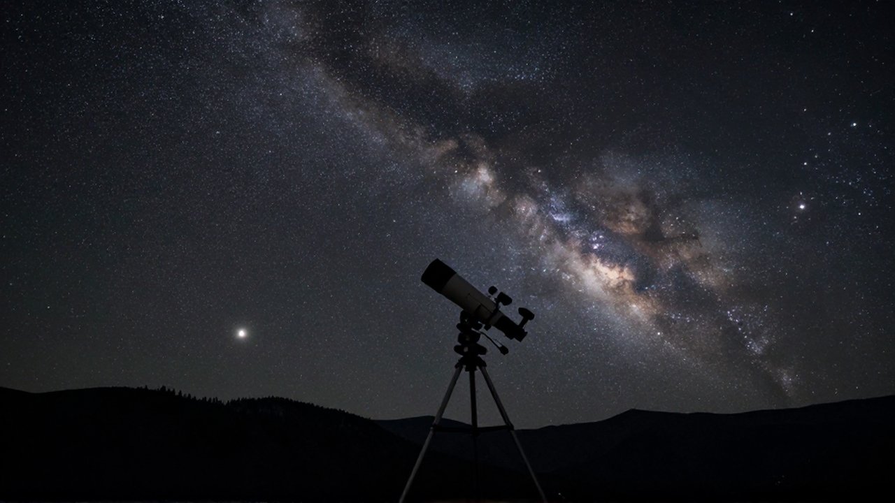 Telescopio sobre un trípode apuntando hacia la constelación de Orión en un cielo estrellado nocturno.