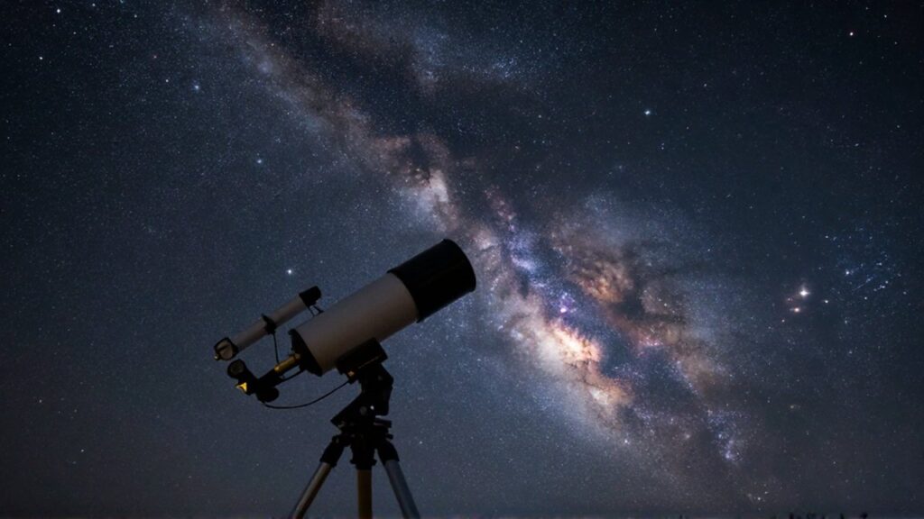 Telescopio apuntando a la constelación de Orión bajo un cielo nocturno estrellado con nebulosas lejanas.