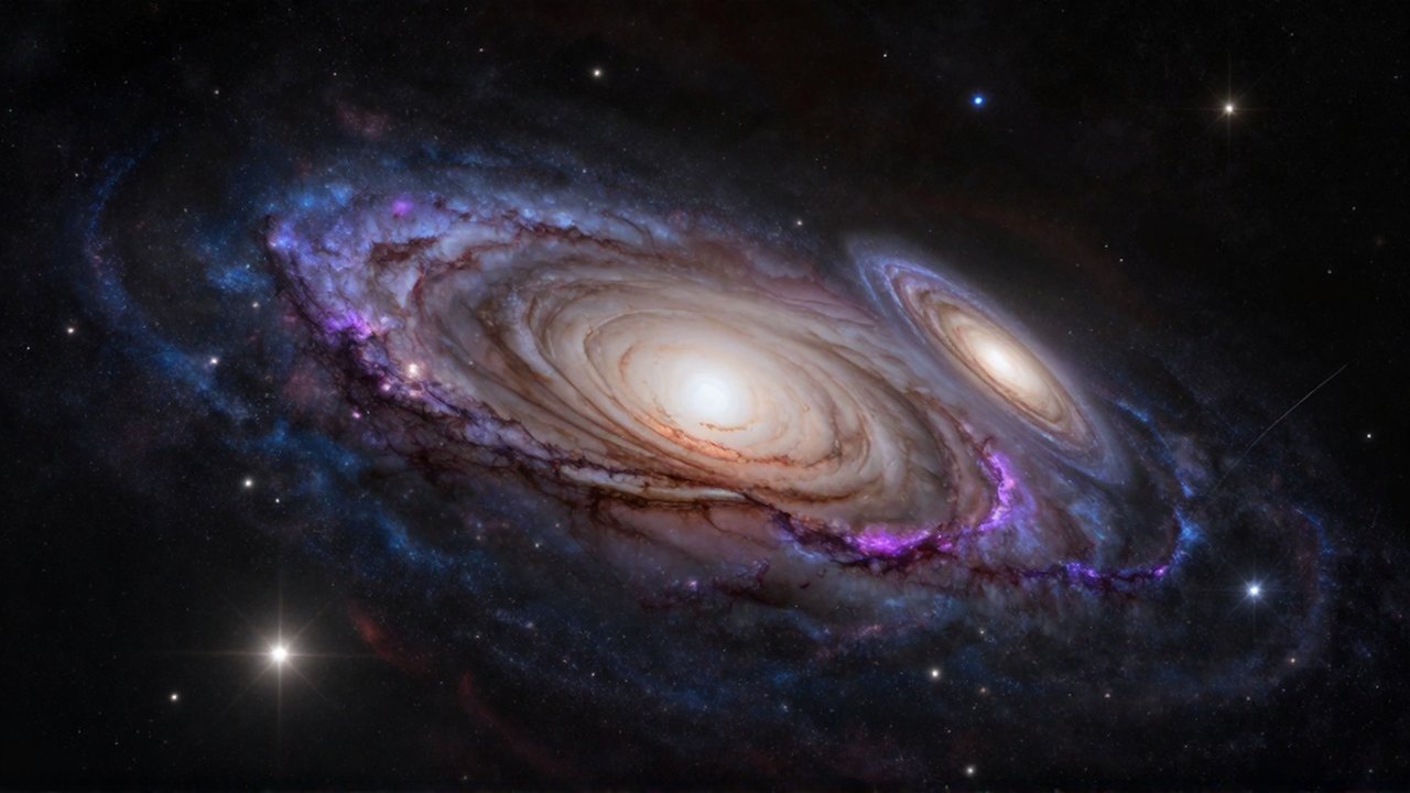 Colisión de una galaxia espiral con una elíptica en un cúmulo denso, mostrando estelas de estrellas y gas.