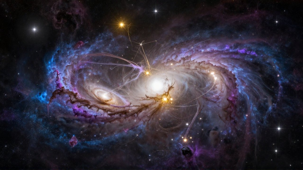 Dos galaxias espirales colisionan en un cúmulo denso, desprendiendo colas de estrellas y gas brillante.