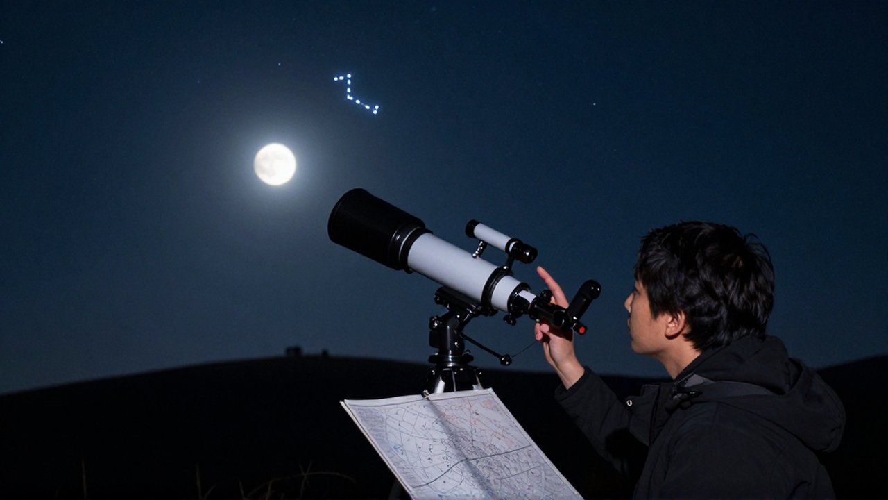 Astrónomo señalando un planeta brillante con su telescopio bajo un cielo nocturno estrellado.