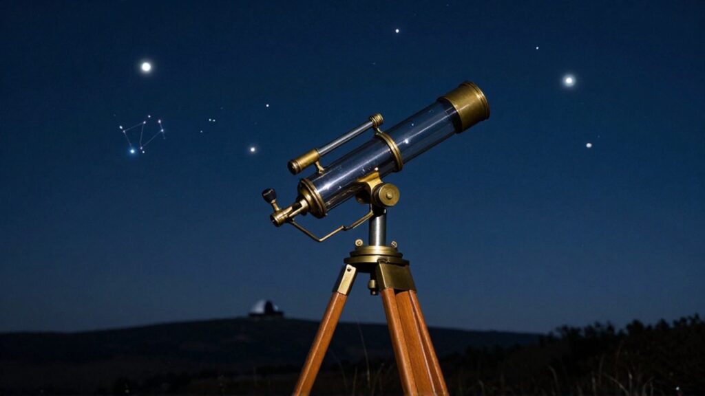 Telescopio antiguo de latón sobre un trípode de madera apuntando hacia un cielo nocturno lleno de estrellas y planetas.