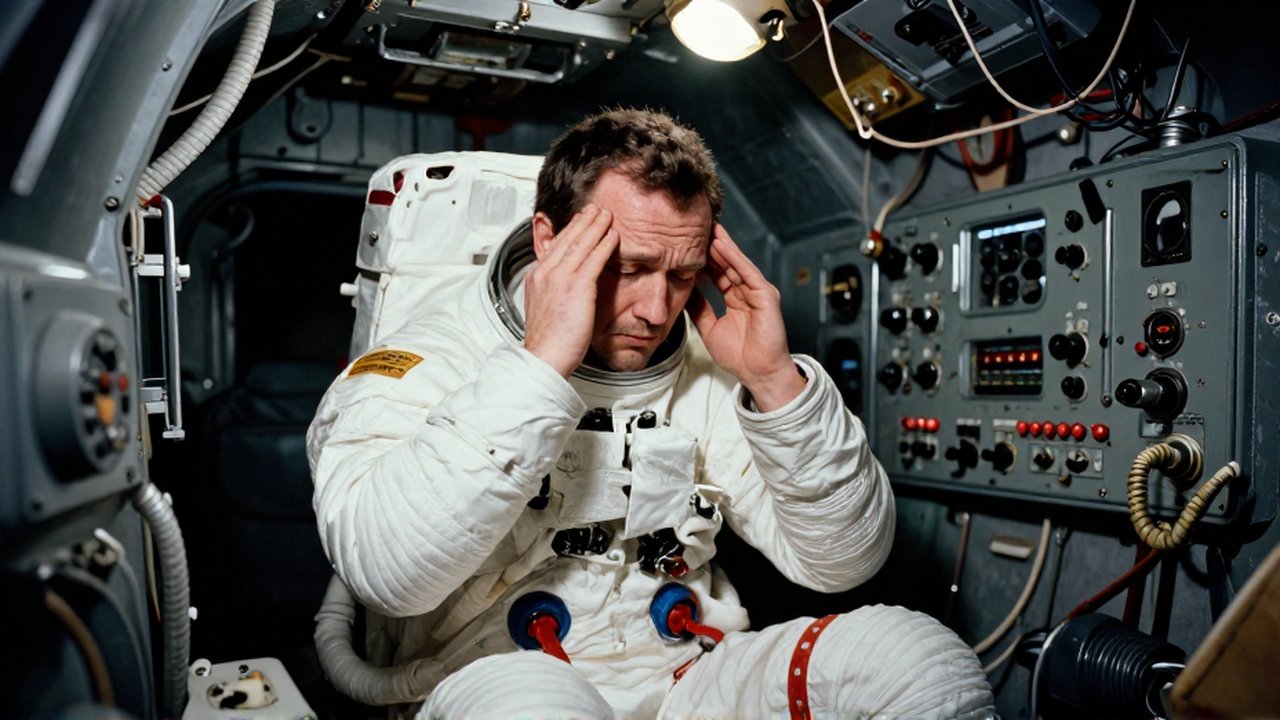 Astronauta con traje espacial sentado en un módulo lunar, con las manos en la cabeza por agotamiento.