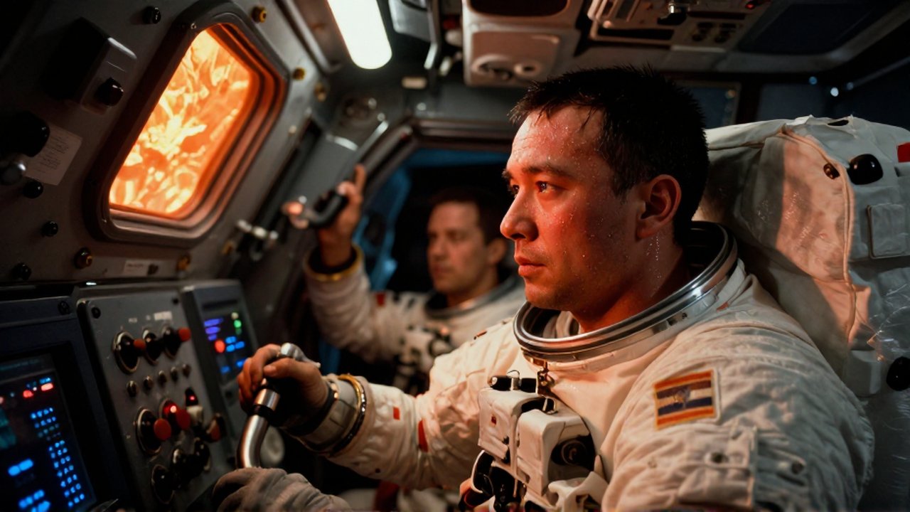 Astronauta sudoroso y exhausto sujeta un control en la cabina de una cápsula espacial durante la reentrada.
