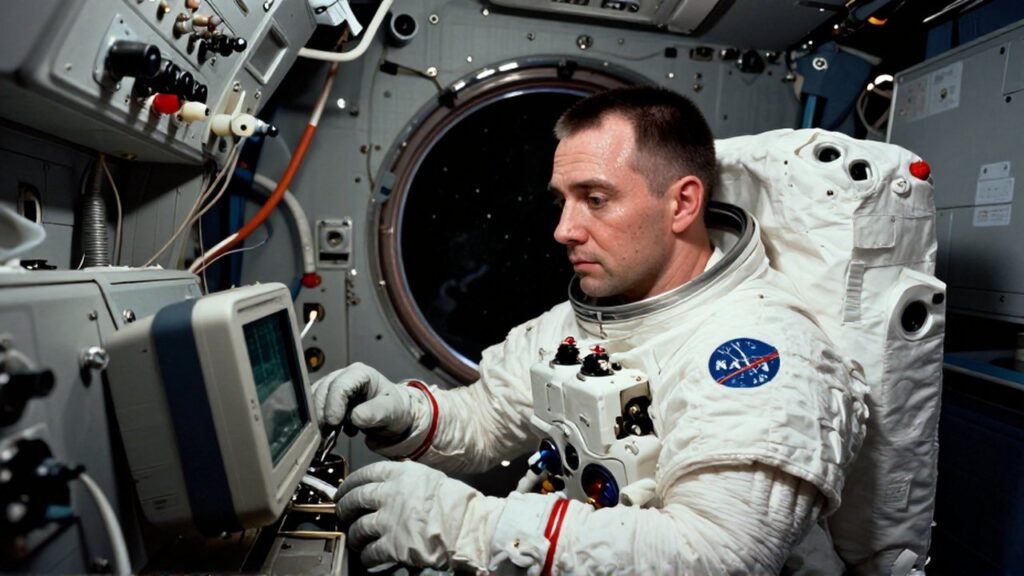 Astronauta con traje espacial revisando un monitor médico en el estrecho interior de una nave espacial.